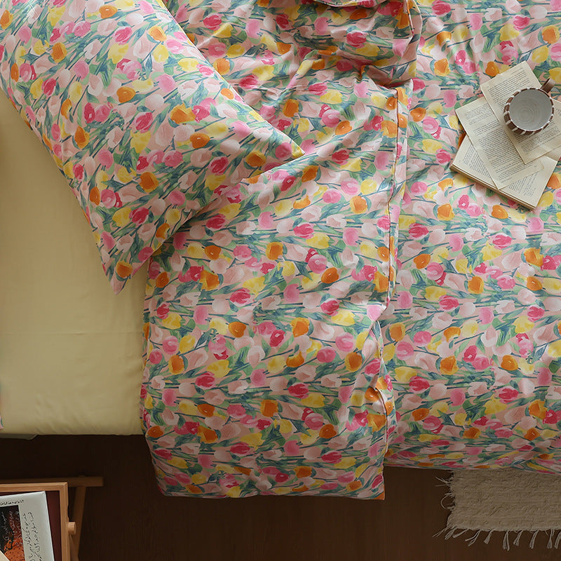 Multicolor Tulip Garden Cotton Bedding Set with coordinating bedding — fabric detail