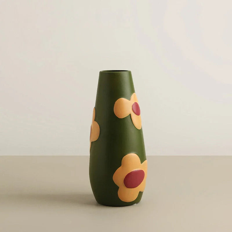 Olive Green Pop Art Floral Ceramic Vase with abstract 3D flowers on a neutral background. - RoomDen