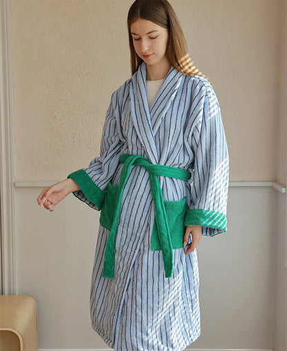 Full body shot of the blue striped robe showing the fit and drape.