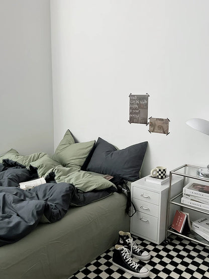 Washed Cotton Color-Block Bedding Set - Charcoal + Matcha
