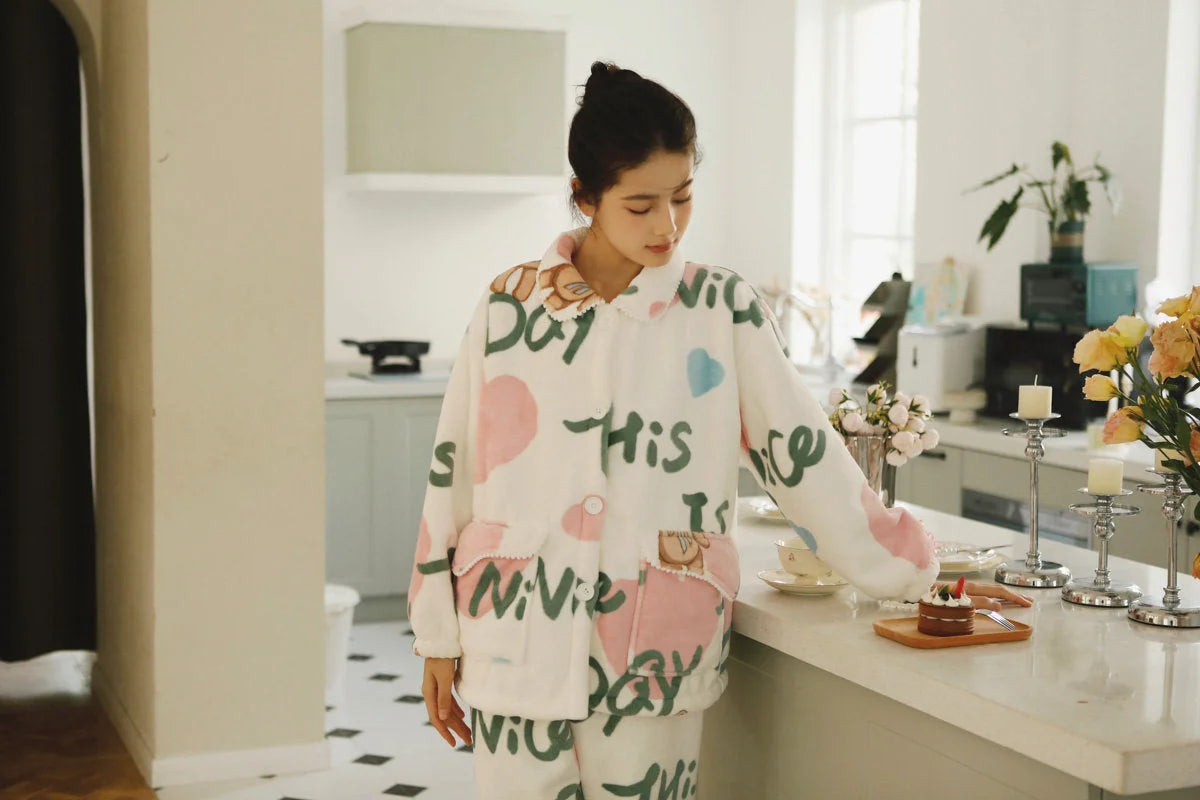 Model Wearing Cute Ruffled Collar Fleece Pajama Looking Down - RoomDen