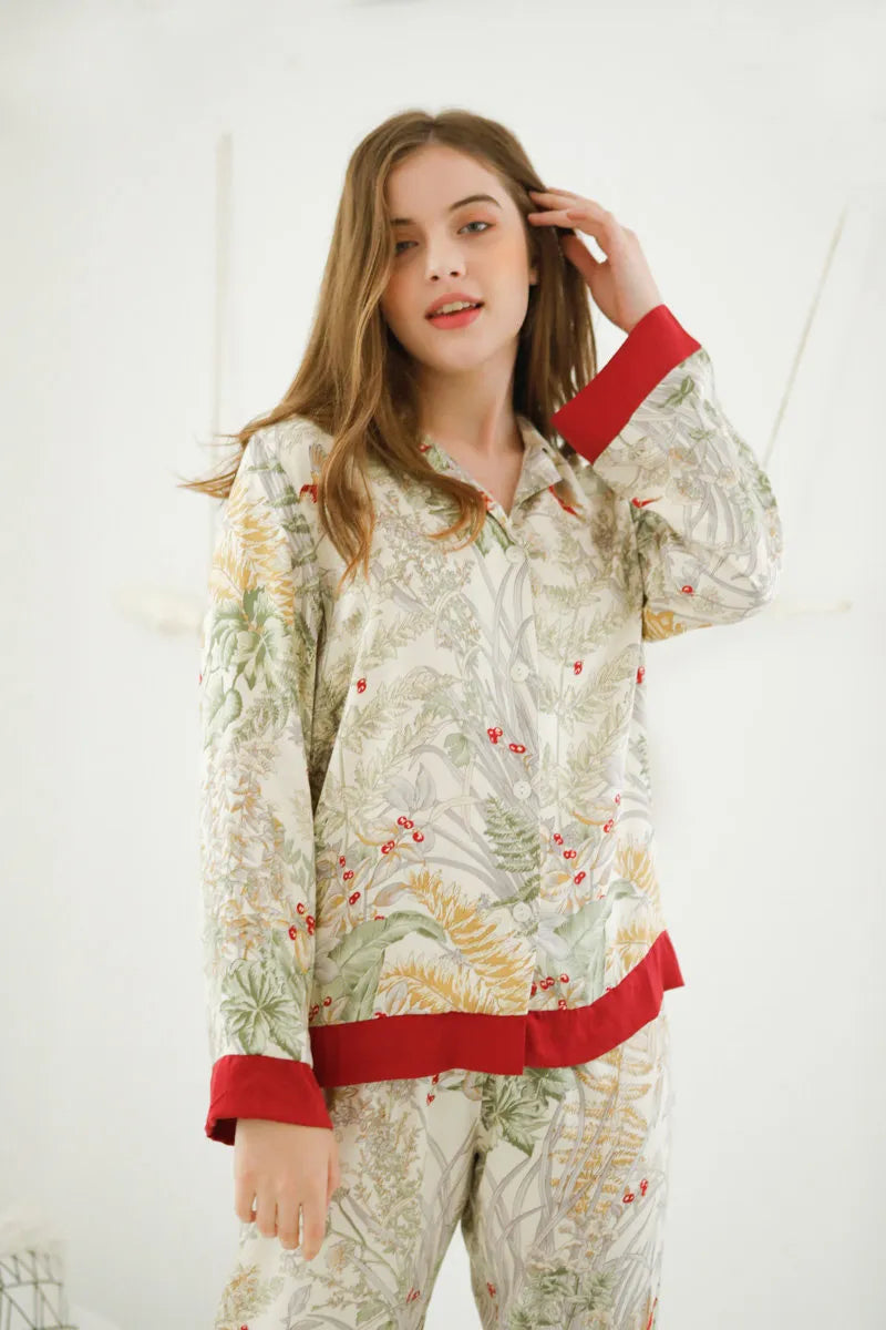 RoomDen Silky Festive Berry Botanical Cotton Sateen Pajama Set - Long Sleeve Top and Pants Front View - Winter Warmth