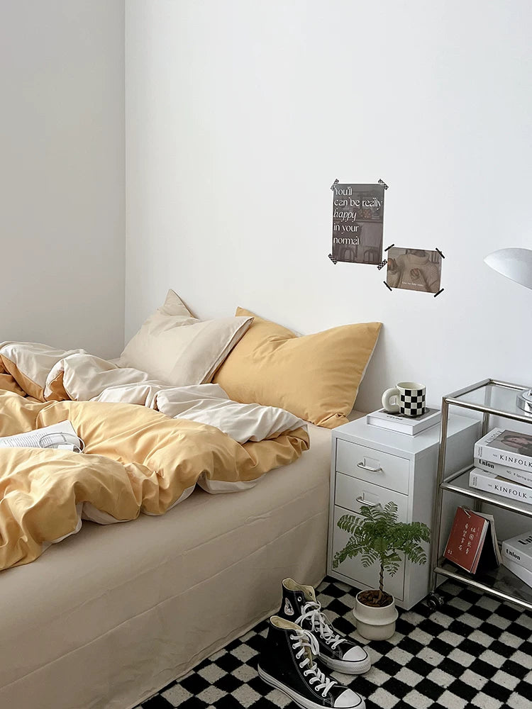 Washed Cotton Color-Block Bedding Set - Butter + Camel