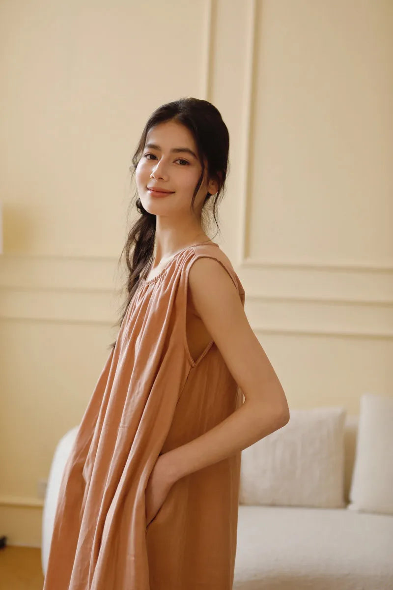Terracotta Orange Crinkled Double Gauze Pajama Dress Side View - RoomDen