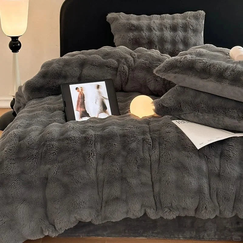 Plush Ruched Flannel Fleece Bedding Set in Charcoal Grey on a modern black bed frame. - RoomDen
