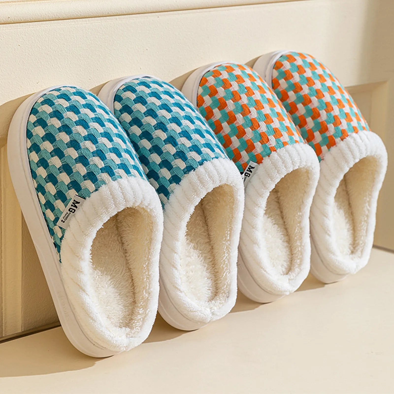 Cyan woven gingham plush house slippers with white thick sole side view