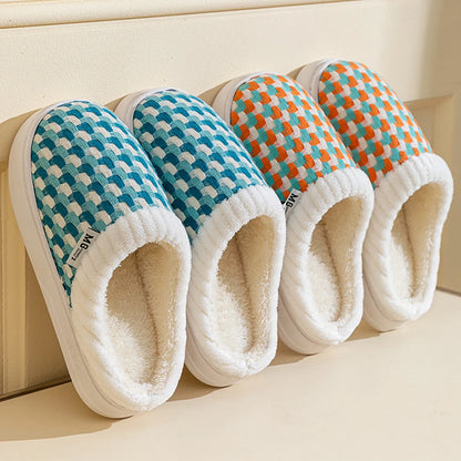 Cyan woven gingham plush house slippers with white thick sole side view