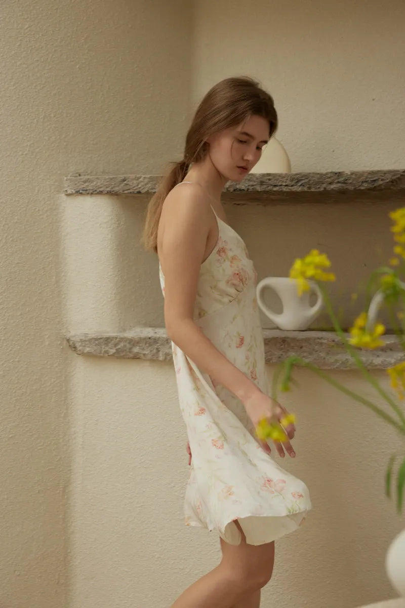 RoomDen Silky Vintage Floral Cotton Sateen Slip Dress - Side angle showing fabric drape