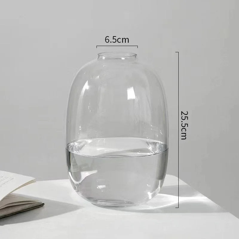 Close-up of the medium-sized clear glass vase showing dimensions: 25.5cm height and 6.5cm mouth. - RoomDen