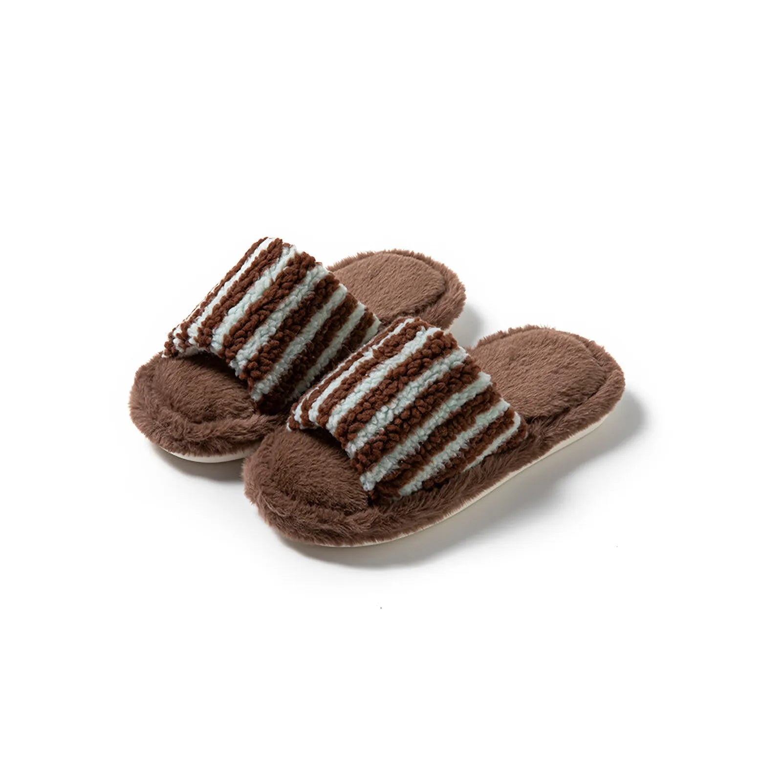 Pair of Brown and Blue striped fuzzy slides isolated on white background - RoomDen