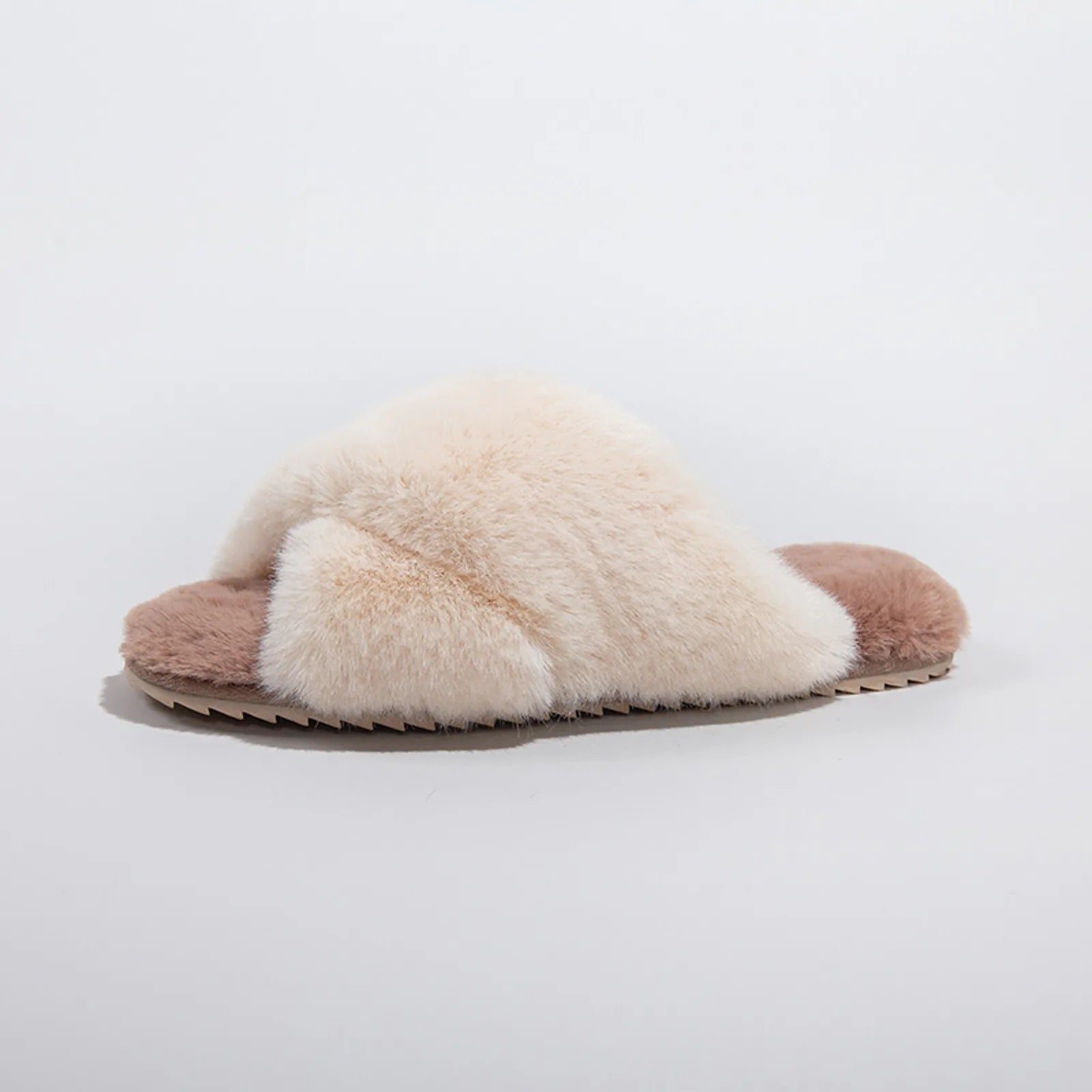 Single Beige faux fur slipper showing the criss-cross strap design - RoomDen
