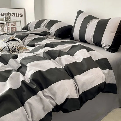 Side angle of the Black & Grey Striped Bedding Set showing the texture of the washed cotton fabric - RoomDen