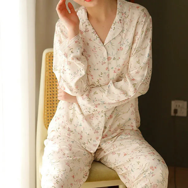 Vintage Inspired Cotton Sateen Floral Sleepwear Set Seated Pose - RoomDen