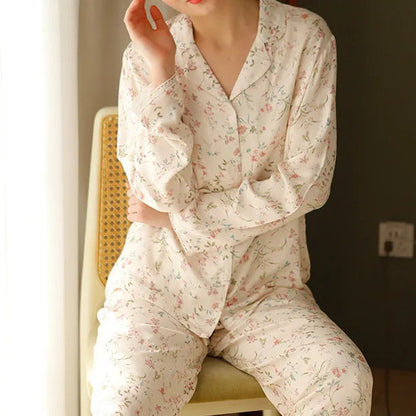 Vintage Inspired Cotton Sateen Floral Sleepwear Set Seated Pose - RoomDen