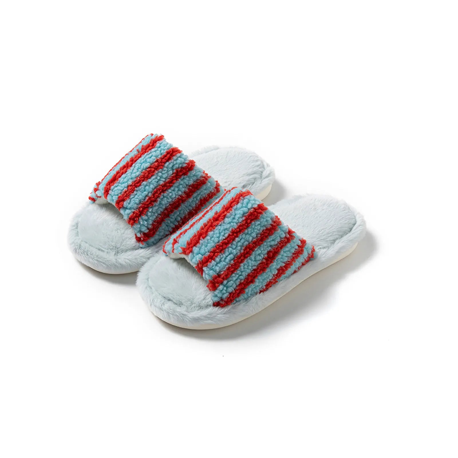 Pair of Blue and Red striped fuzzy slides isolated on white background - RoomDen