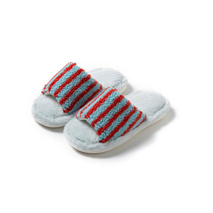 Pair of Blue and Red striped fuzzy slides isolated on white background - RoomDen