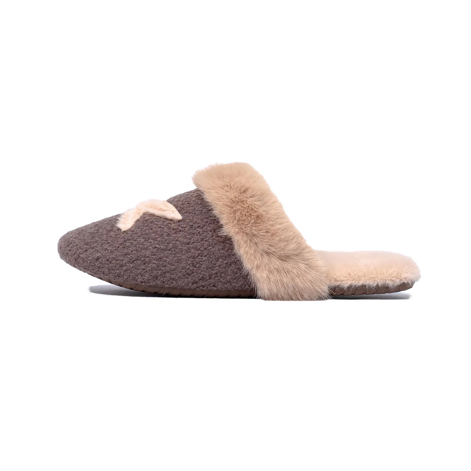 Side profile of brown star faux fur slipper - RoomDen