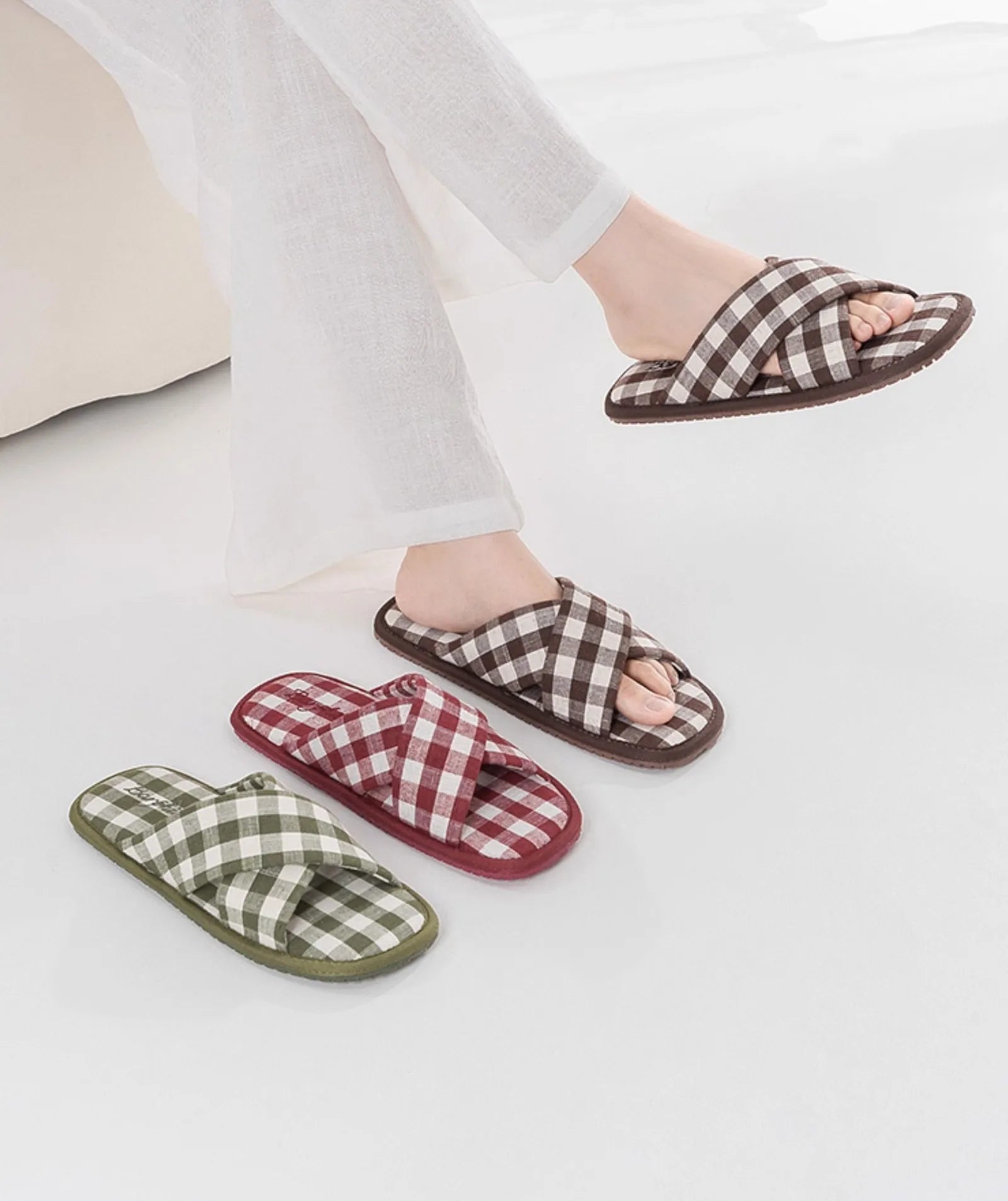 Group shot of Brown, Red, and Green Gingham Cotton House Slippers - RoomDen