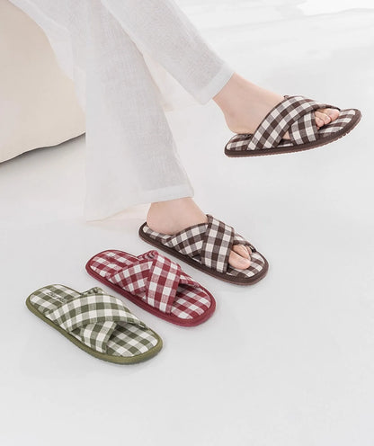 Group shot of Brown, Red, and Green Gingham Cotton House Slippers - RoomDen