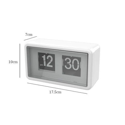 White retro flip clock with dimensions displayed: 17.5cm length, 10cm height, 7cm depth. - RoomDen