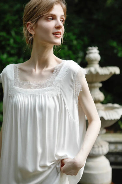 RoomDen Cottagecore aesthetic white nightgown in garden setting