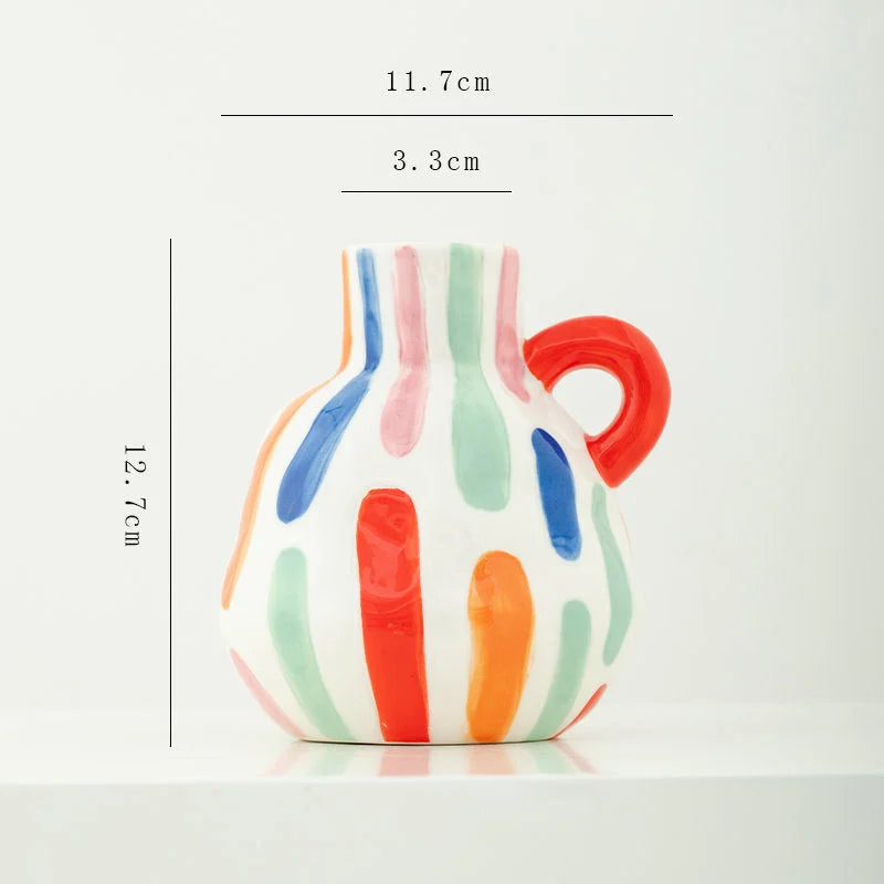 Close-up of the single-handle ceramic vase with colorful vertical stripes, showing dimensions. - RoomDen