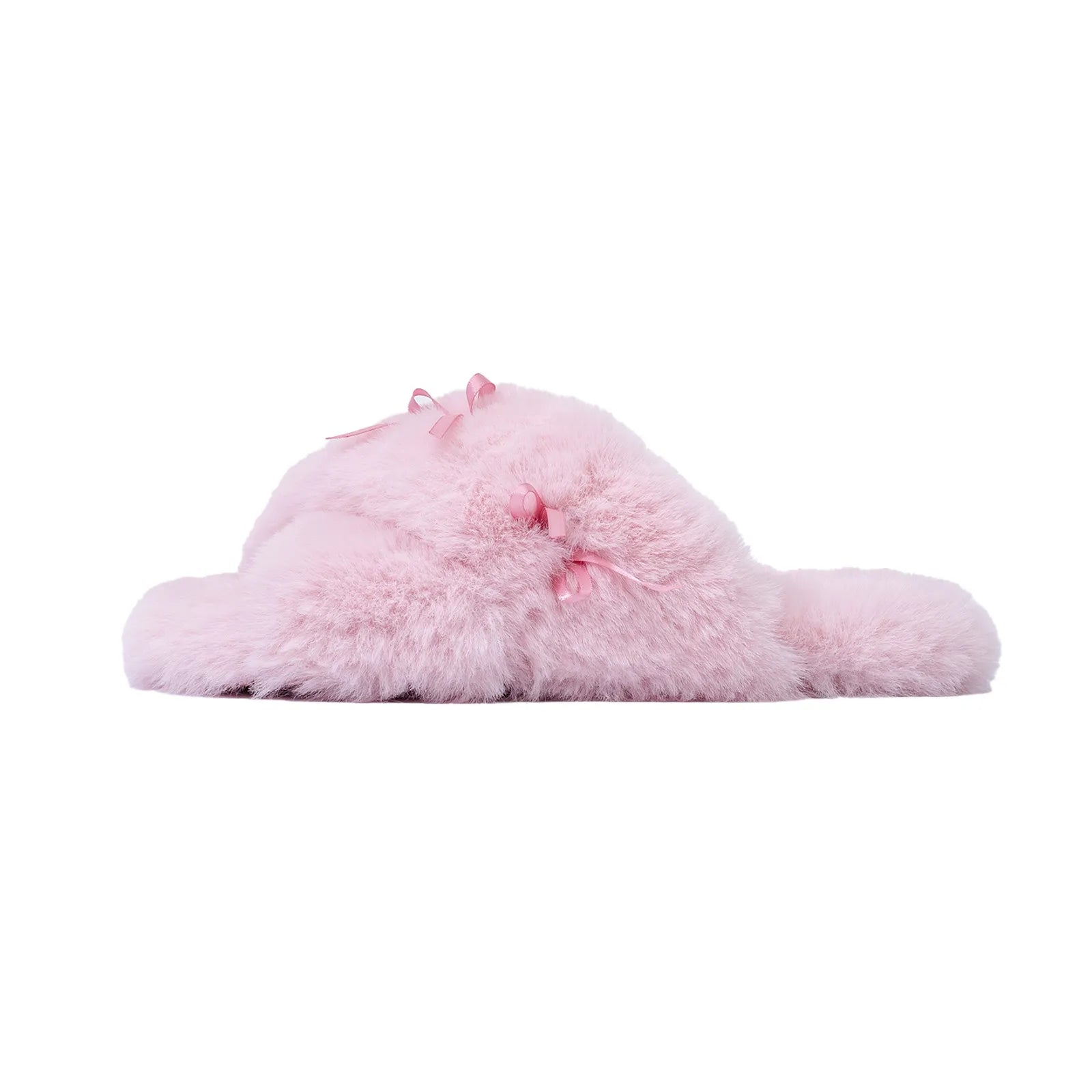 Side profile of soft pink plush slipper with satin bow - RoomDen