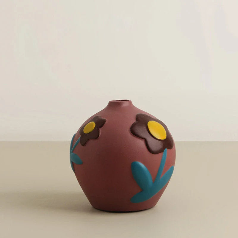 Dusty Mauve Pop Art Floral Ceramic Vase with 3D flower details on a neutral background. - RoomDen
