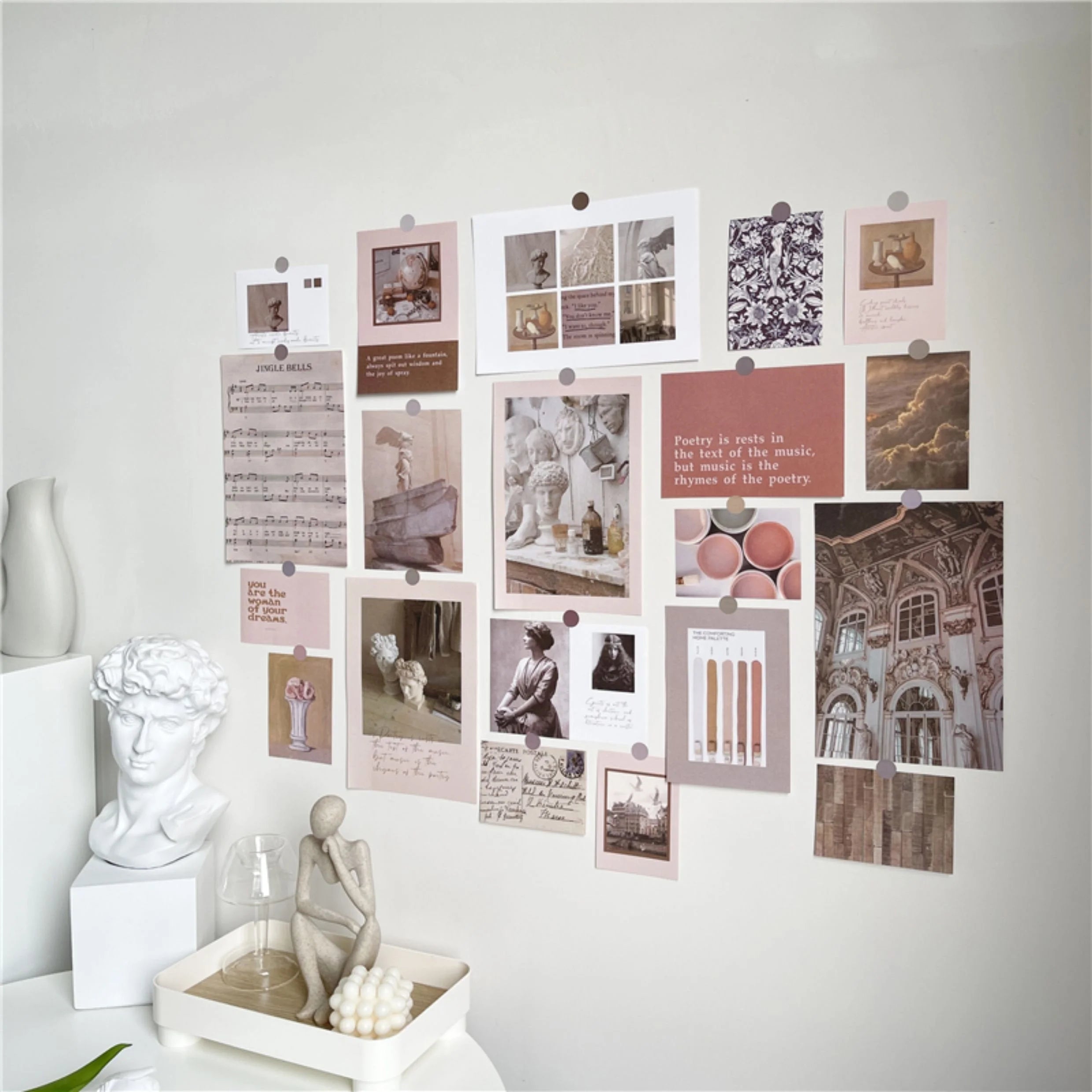 Another angle of the vintage poster set on a wall, with a desk and decor items in the foreground creating a study vibe.