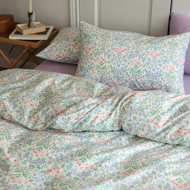 Ivory Pastel Meadow Blossom Cotton Bedding Set with coordinating bedding — fabric detail