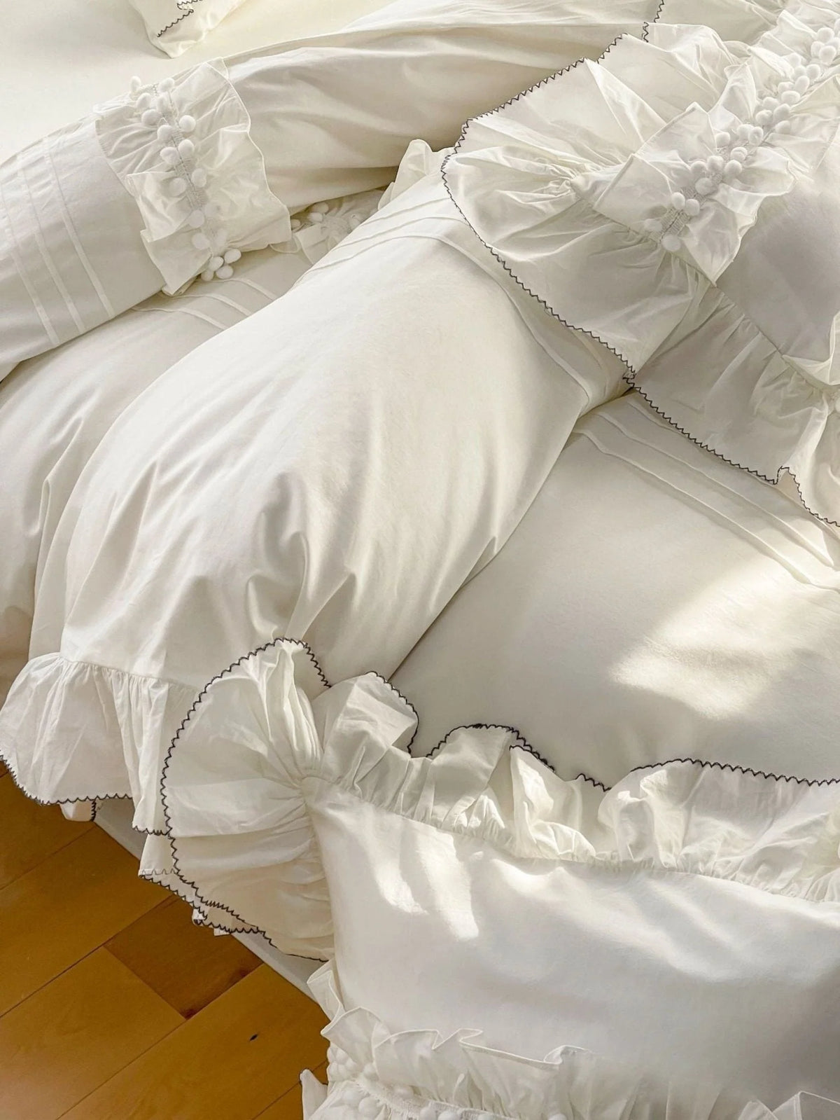 Lace-Trim Ruffle Washed Cotton Bedding Set, Ivory Cream, fabric and pillow details - Roomden