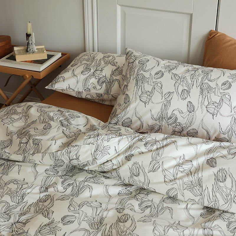 Ivory Botanical Line Drawing Cotton Bedding Set with coordinating bedding — view 3