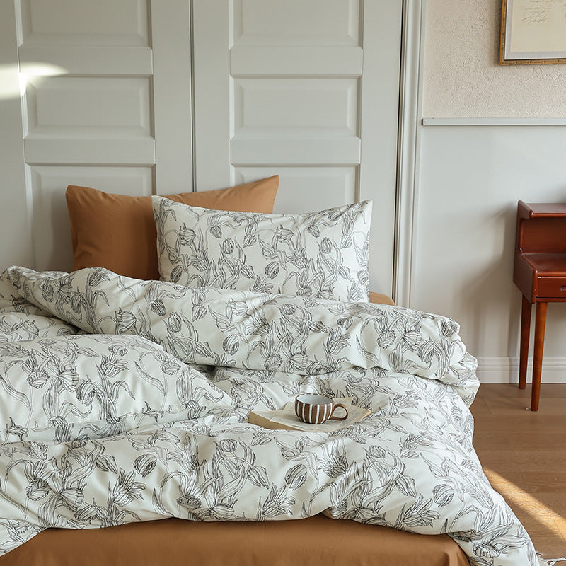 Ivory Botanical Line Drawing Cotton Bedding Set with coordinating bedding — view 4