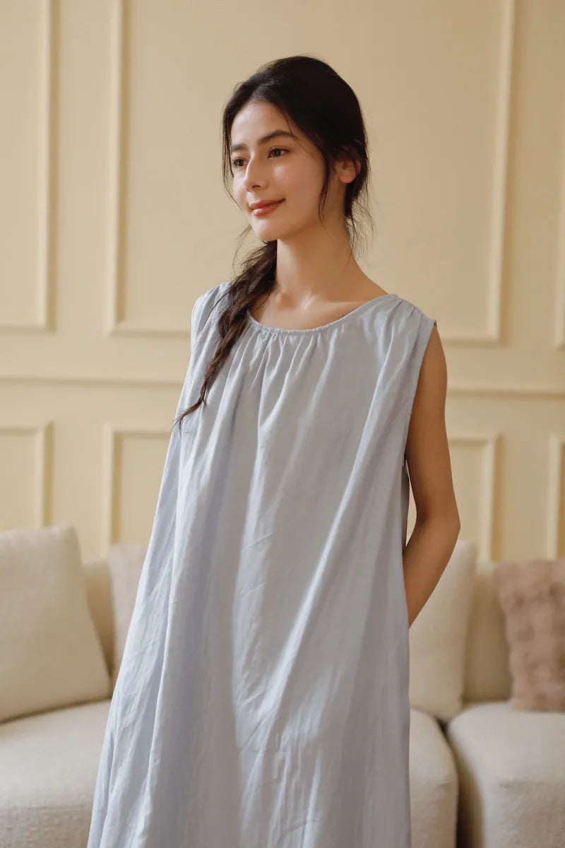 Baby Blue Soft Cotton Nightgown Front View - RoomDen