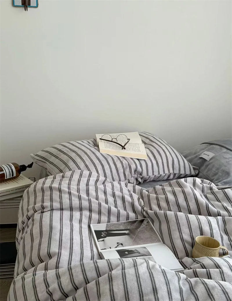 RoomDen Plush Pinstripe Flannel Fleece Bedding Set - Grey Striped Variant - Vintage Dorm Decor