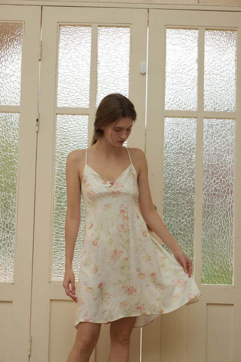 RoomDen Silky Vintage Floral Cotton Sateen Slip Dress - Full body view holding skirt