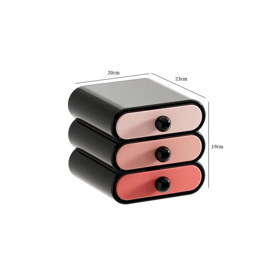 The Wavy Color Block Makeup Organizer with dimensions shown: 20cm width, 23cm depth, 19cm height.