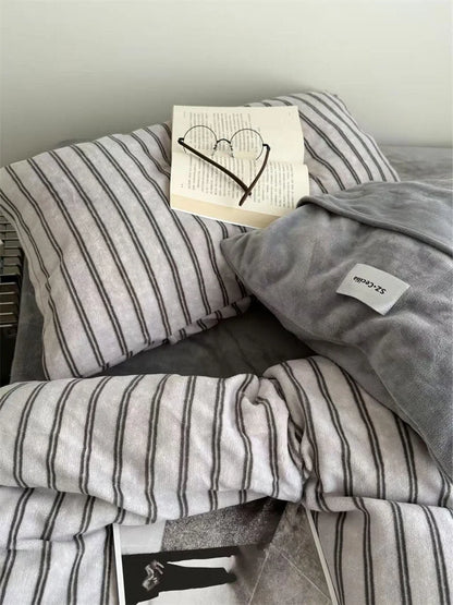 Grey and Dark Grey Pinstripe Fleece Bedding with Open Book