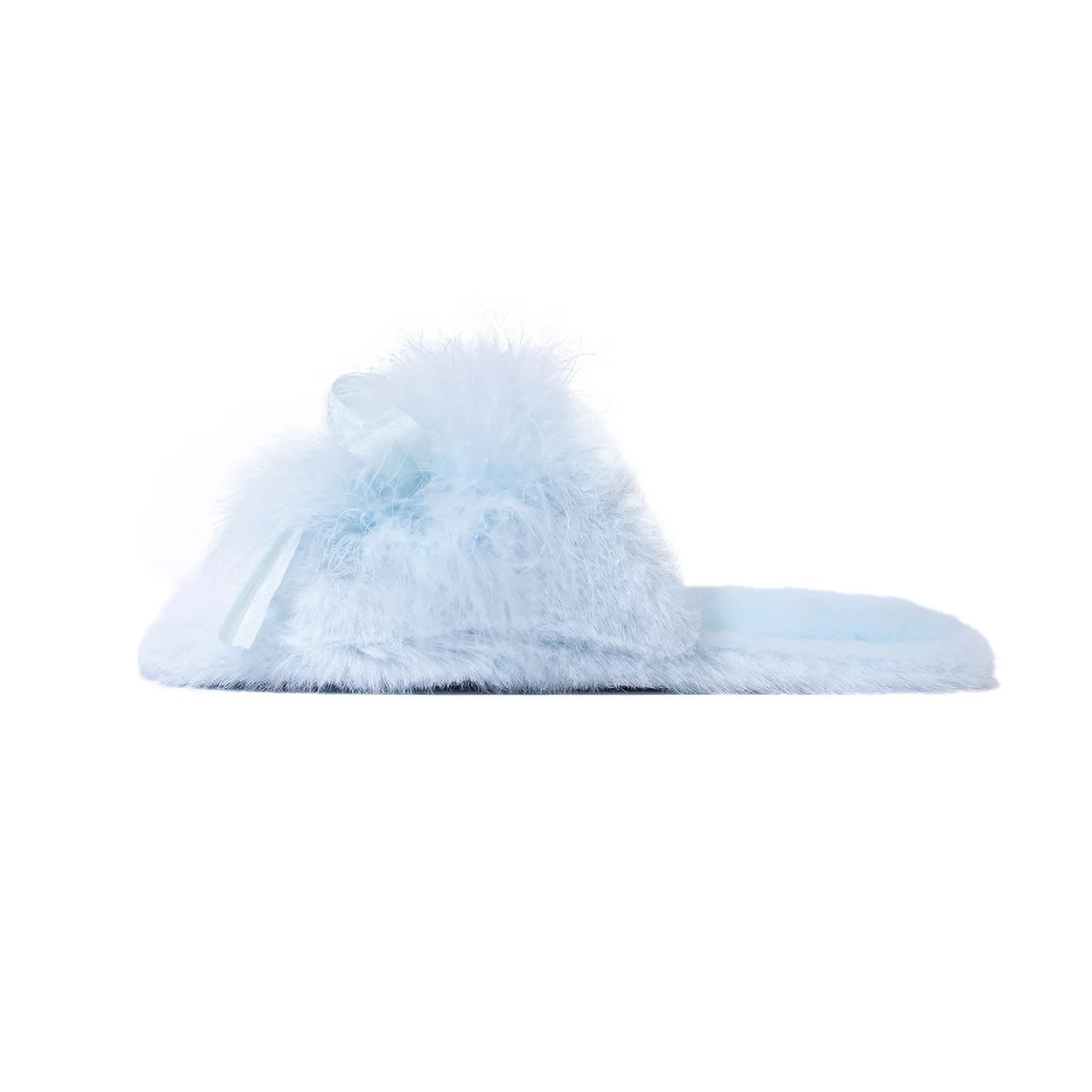 Side profile of Baby Blue plush slides with ribbon detail