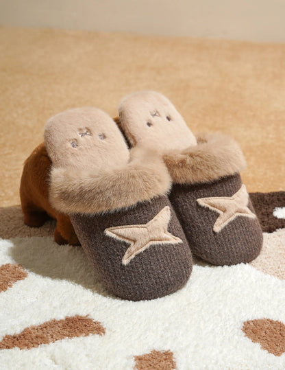 Close up of brown star pattern house slippers with bunny face embroidery - RoomDen