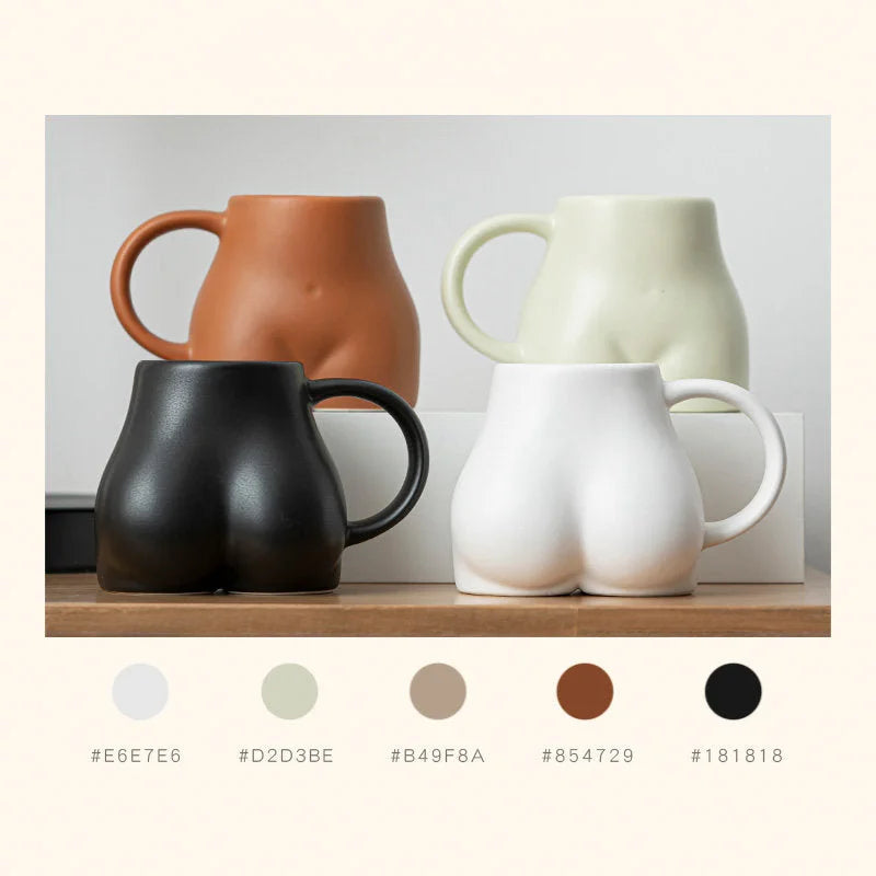 Five color variants of the sculptural body ceramic mug - white, pistachio, taupe, terracotta, and black. - RoomDen