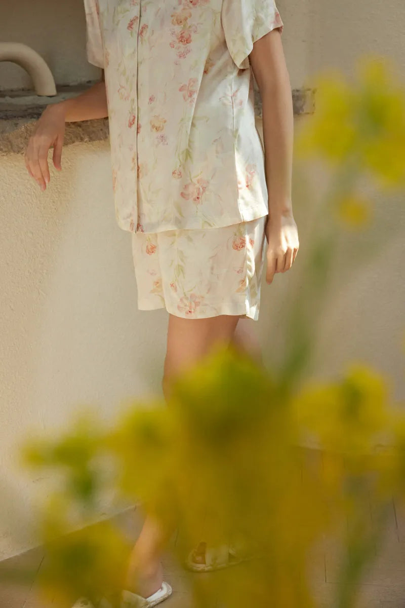 RoomDen Soft Cotton Sleep Shorts - Detail shot of shorts fabric and fit with yellow flowers