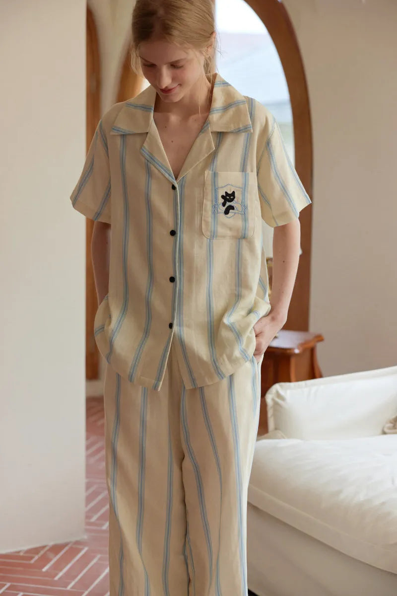 Woman Wearing Cream and Blue Striped Double Gauze Loungewear Set - RoomDen