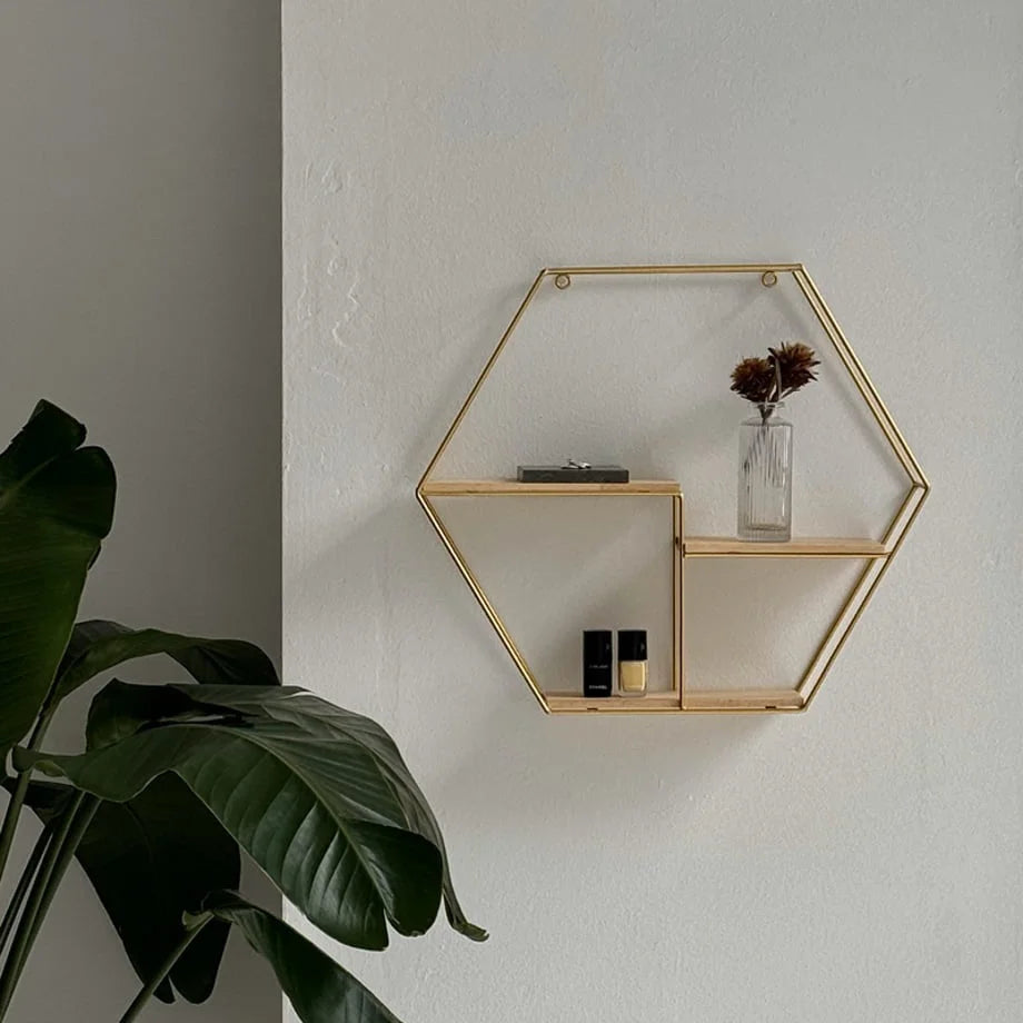 Geometric Hexagon Metal & Wood Wall Shelf in Gold, styled on a white wall with a plant - RoomDen