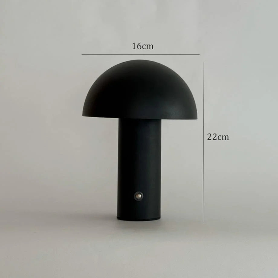 The black mushroom lamp shown with dimension callouts: 16cm width and 22cm height - RoomDen.