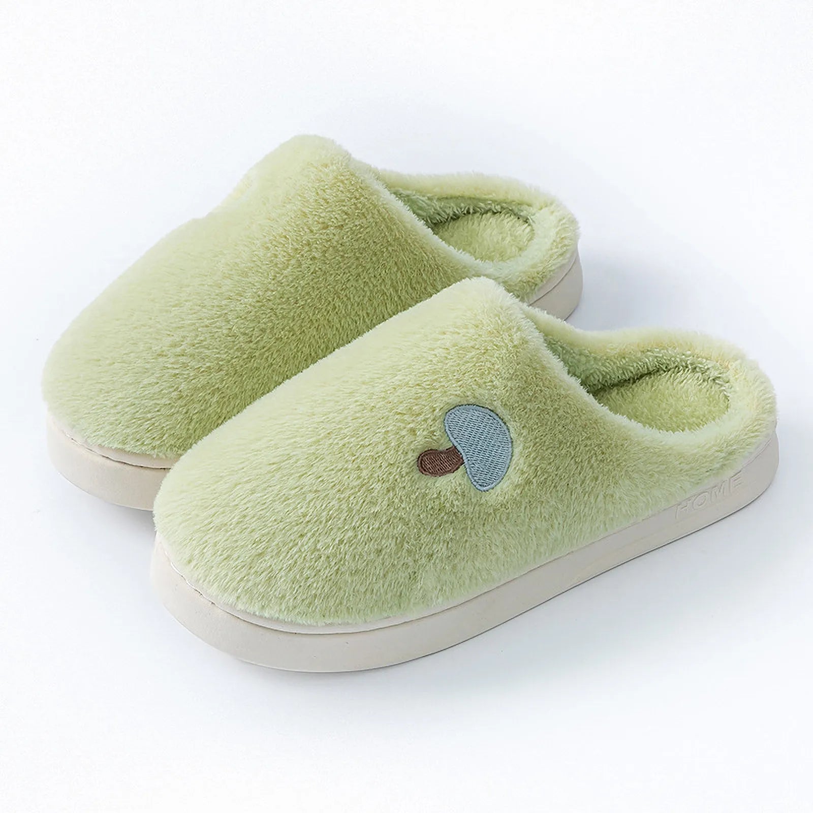 Green Plush Mushroom Embroidered Fleece House Slippers studio shot showing fuzzy texture - RoomDen