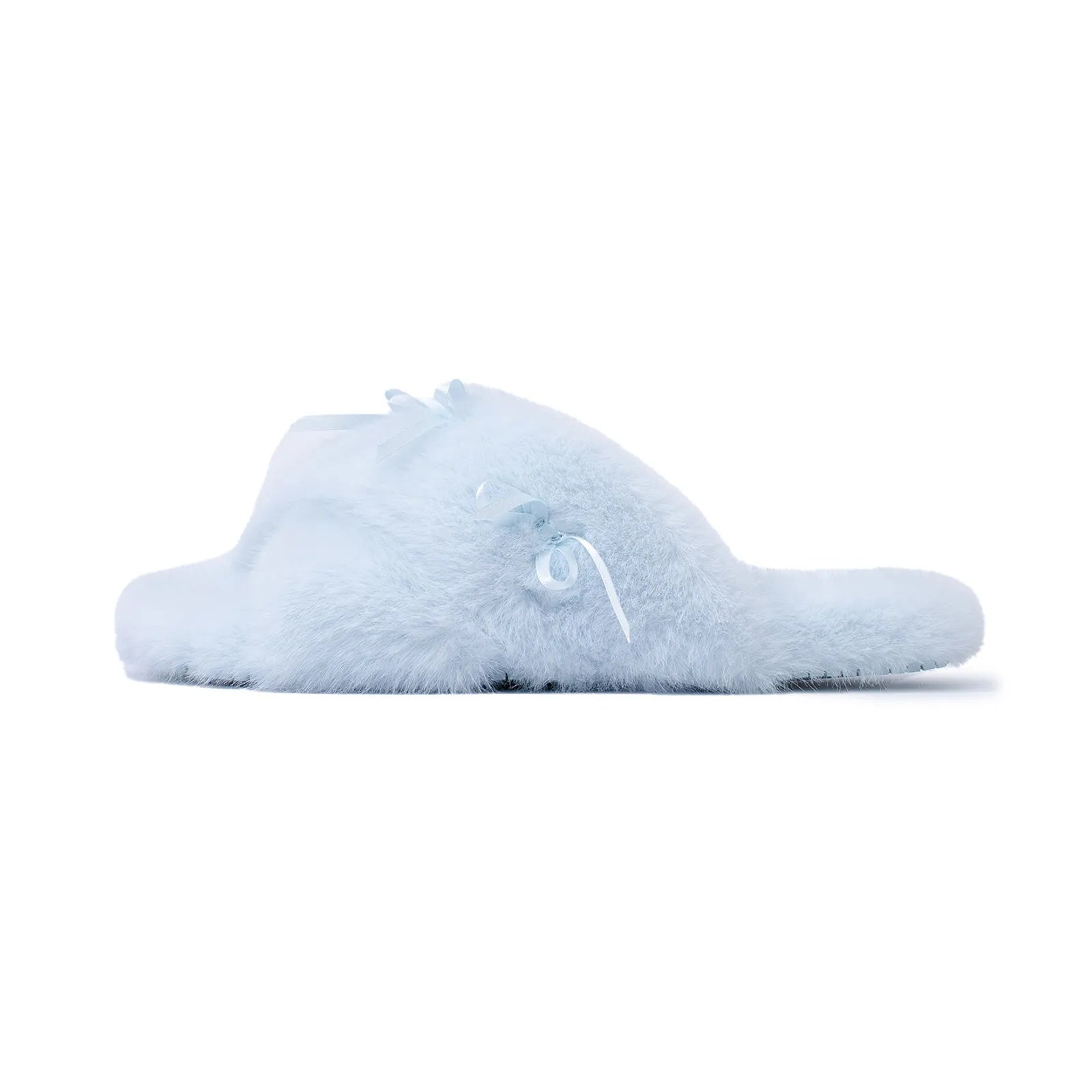 Side profile of baby blue plush slipper showing fur texture - RoomDen