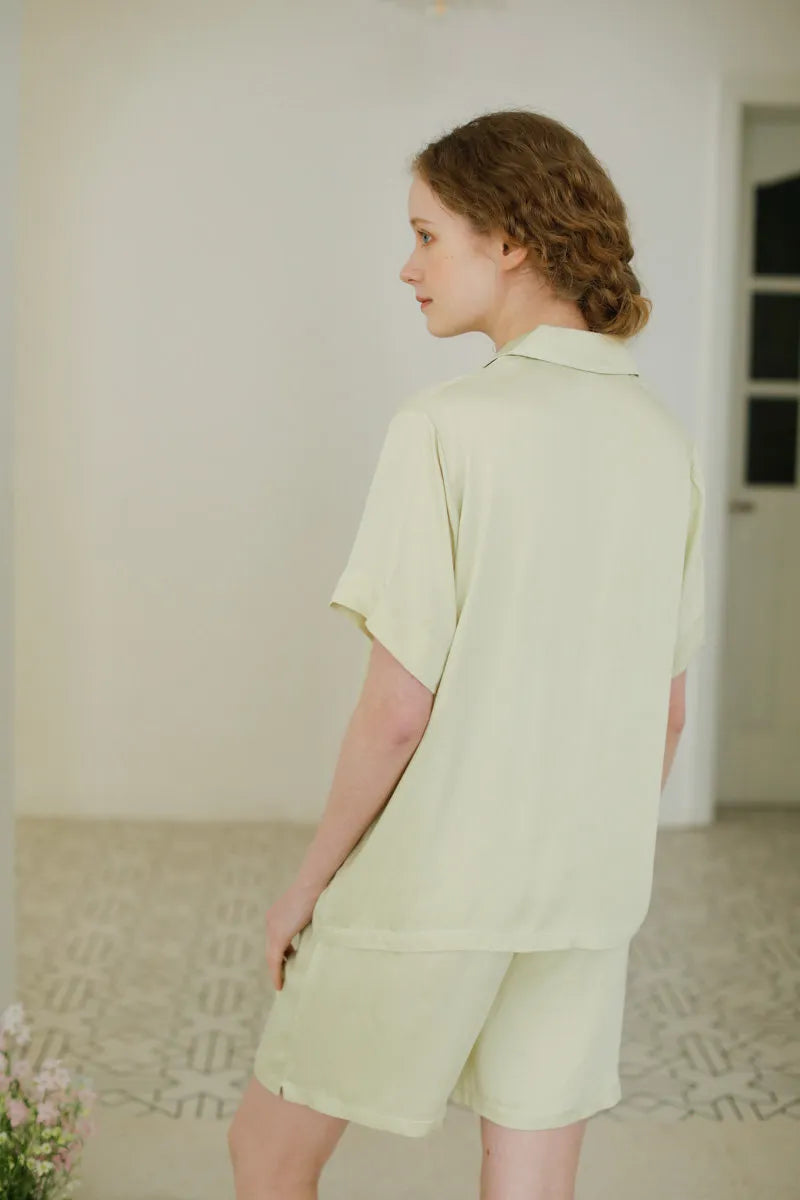 Back view of Sage Green loungewear shirt and shorts