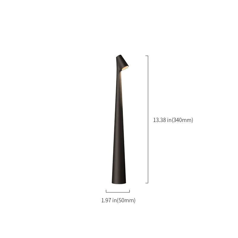 Dimension diagram of the M-size matte black cordless touch lamp, showing a height of 13.38 inches - RoomDen.