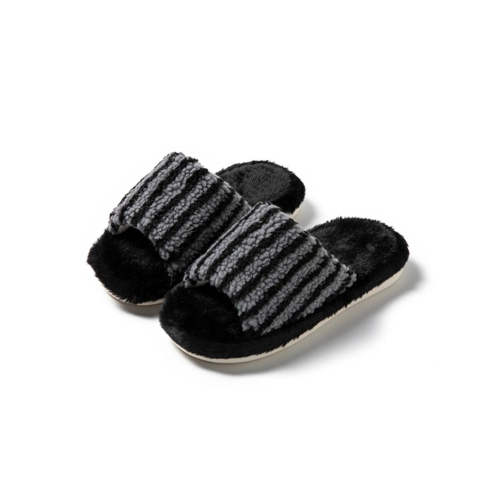 Pair of Black and Grey striped fuzzy slides isolated on white background - RoomDen